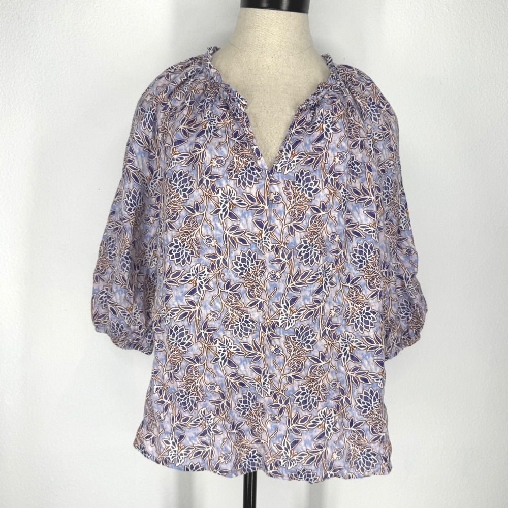 J Jill Linen Floral Puff Sleeve Ruffle Boho Top Oversized Small Artsy‎ Cottage